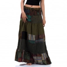 Cotton Patchwork Long Skirt Bohemian Style Olive Green KP344